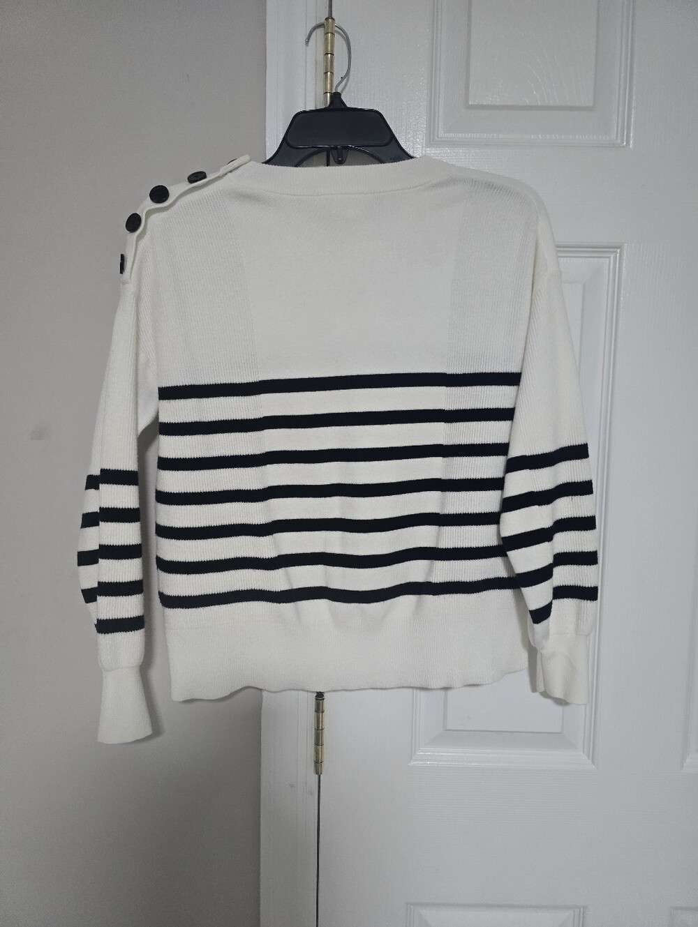 For The Republic Cream and Navy Striped Crewneck Sweater with Shoulder Buttons - Picture 9 of 11